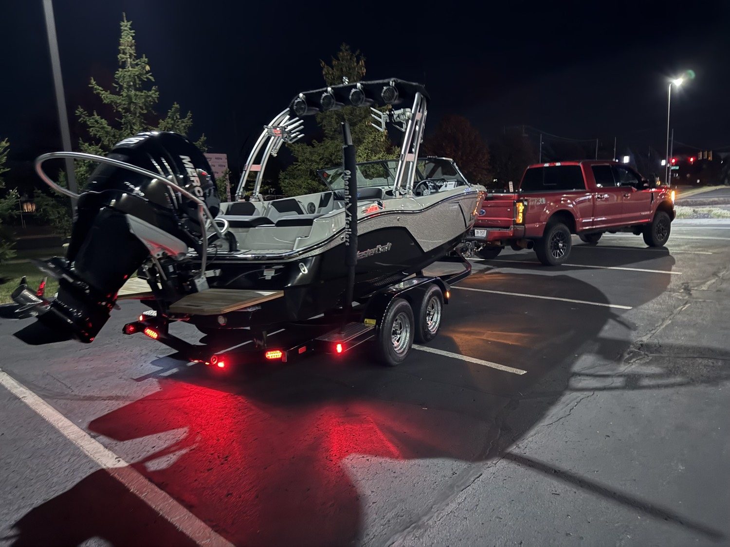 Wakeboat on a trailer, ready for the ramp